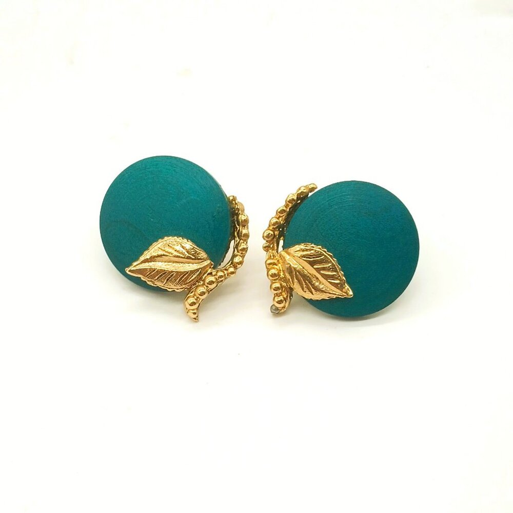 Carol Dauplaise Leaf Statement Earrings Round Dark Aqua Blue Gold Screw Back